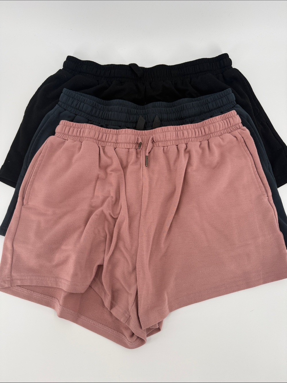 Women’s Elastic-Waist Shorts - Dusty Rose, blue and black
